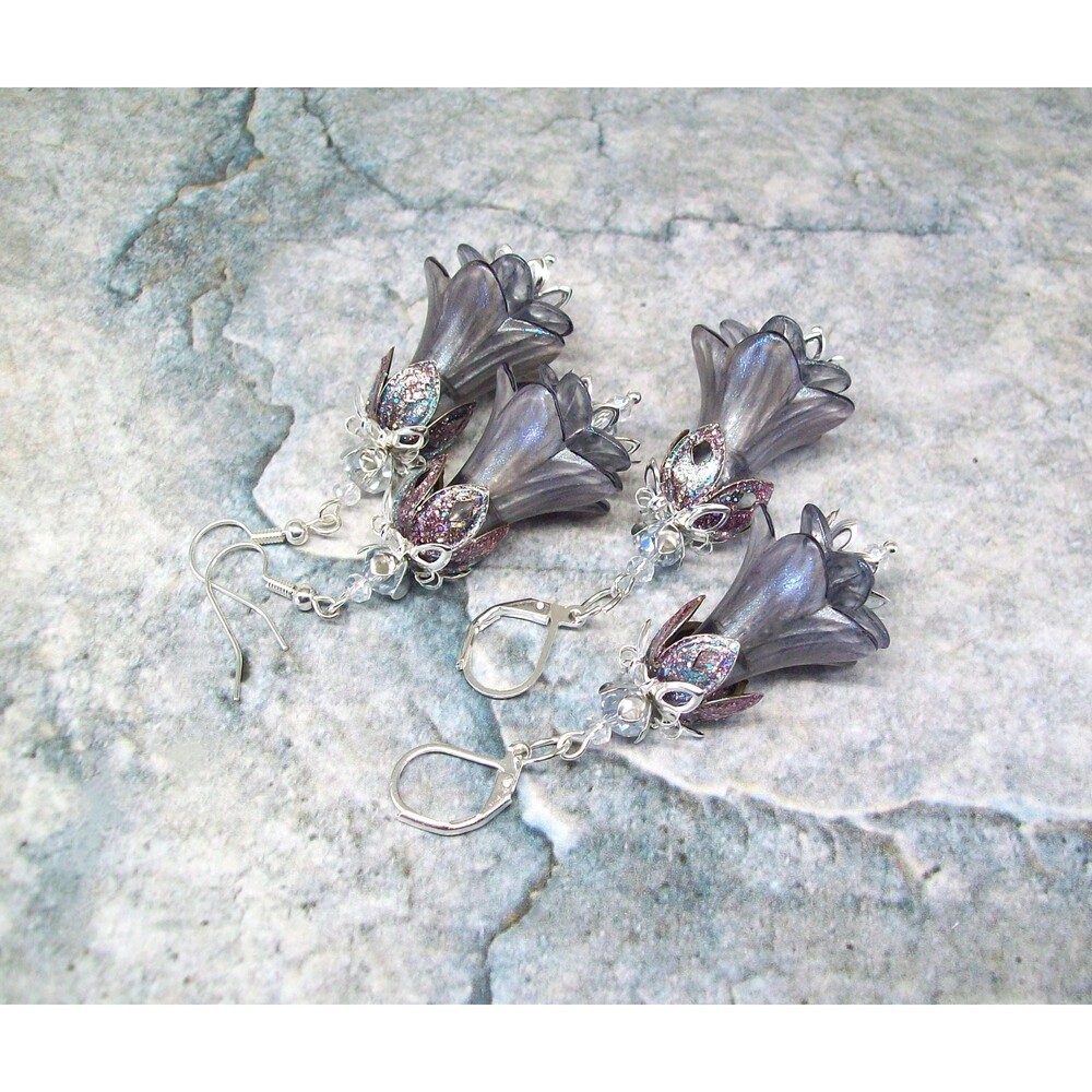 Iridescent Gray Floral Dangle Earrings, Silver, Hand Painted, Artisan Crafted Fl